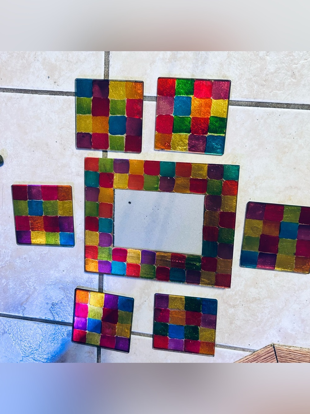 Matching Glass Color block Frame and Coasters.